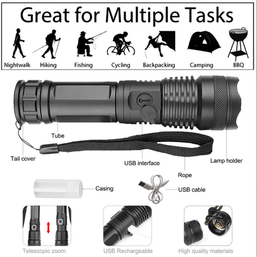 Powerful rechargeable flashlight with 1800 battery zoom with 4 lighting modes DLC-32820 black aluminum