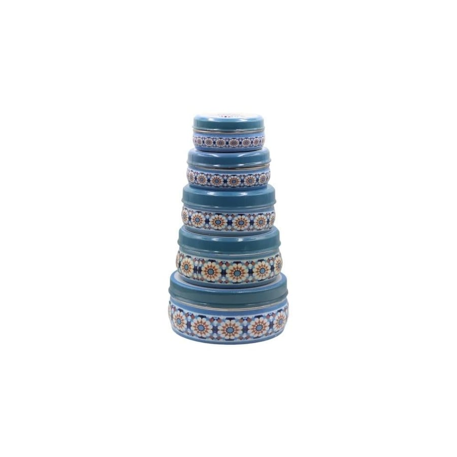 Date box set with Moroccan traditional engraved design, filled with dates, blue color