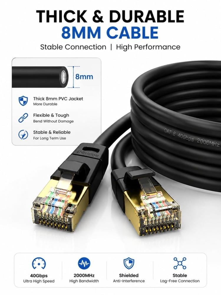 كابل إيثرنت CAT-8 بطول 1.5 متر - كابل شبكة LAN فائق السرعة 40 جيجابت في الثانية | كابل إنترنت RJ45 محمي بتردد 2000 ميجاهرتز 1.5m CAT-8 Ethernet Cable - 40Gbps SuperSpeed ​​LAN Cable | 2000MHz Shielded RJ45 Internet Cable