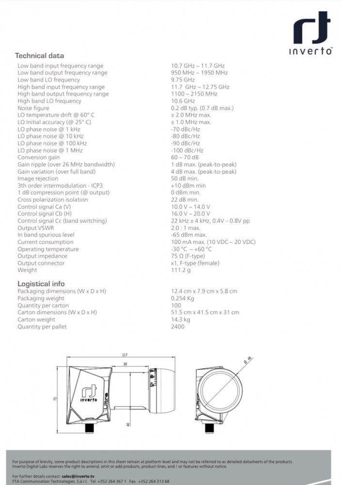 لاقط انفيرتو مخرج بلاك الترا الجديد Ultra Single High-Gain Low-Noise 40mm PLL LNB