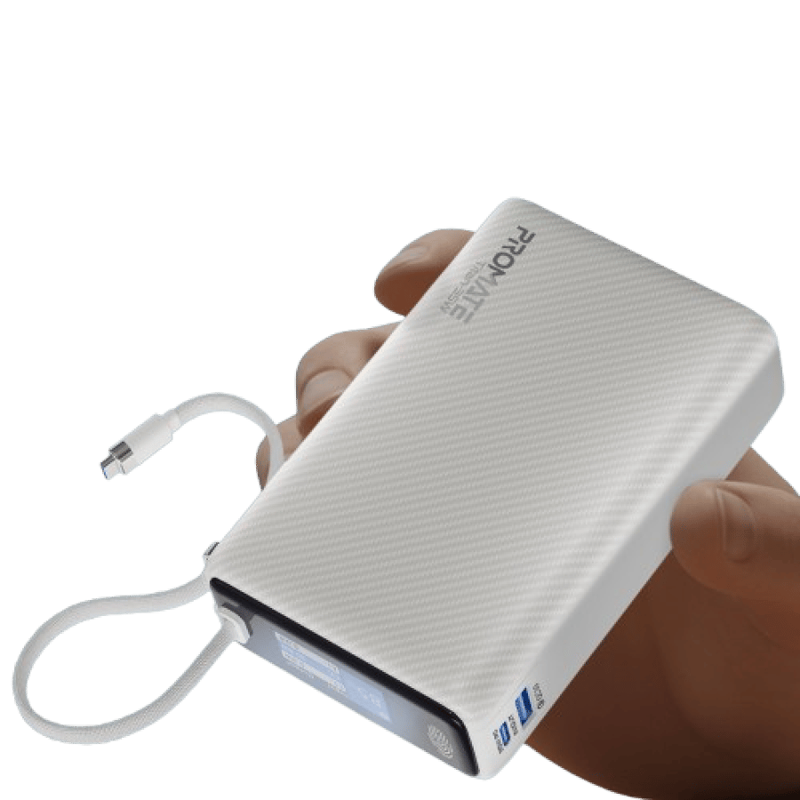باور بانك بسعة 20000 مللي أمبير مع كابل مدمج من نوع يو إس بي-سي. يدعم الشحن السريع بقدرة 35 واط