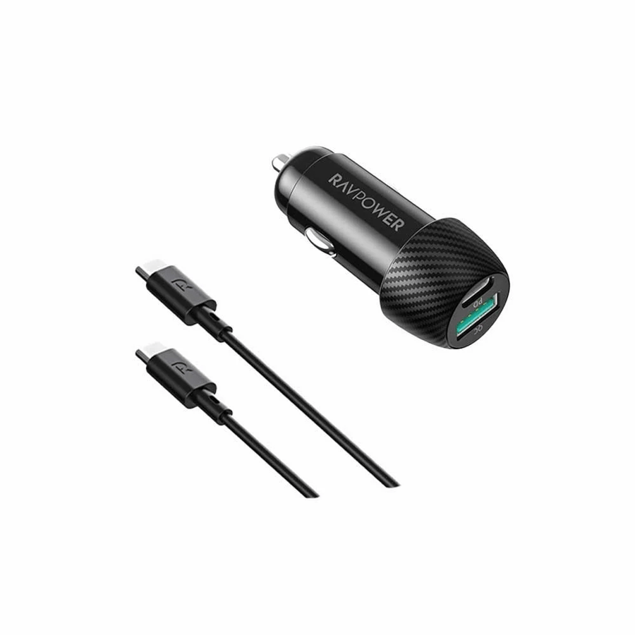 Car charger RAV Power Pioneer with 49-watt power with Type-C port and USB port with Type-C to Type-C cable - black