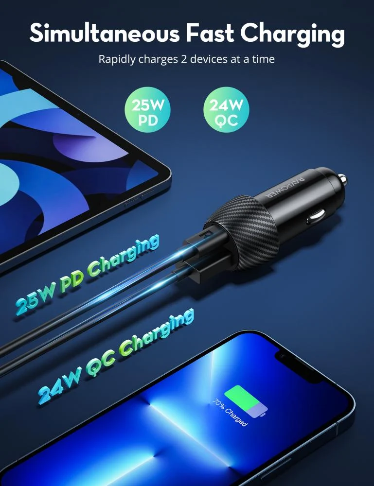 Car charger RAV Power Pioneer with 49-watt power with Type-C port and USB port with Type-C to Type-C cable - black