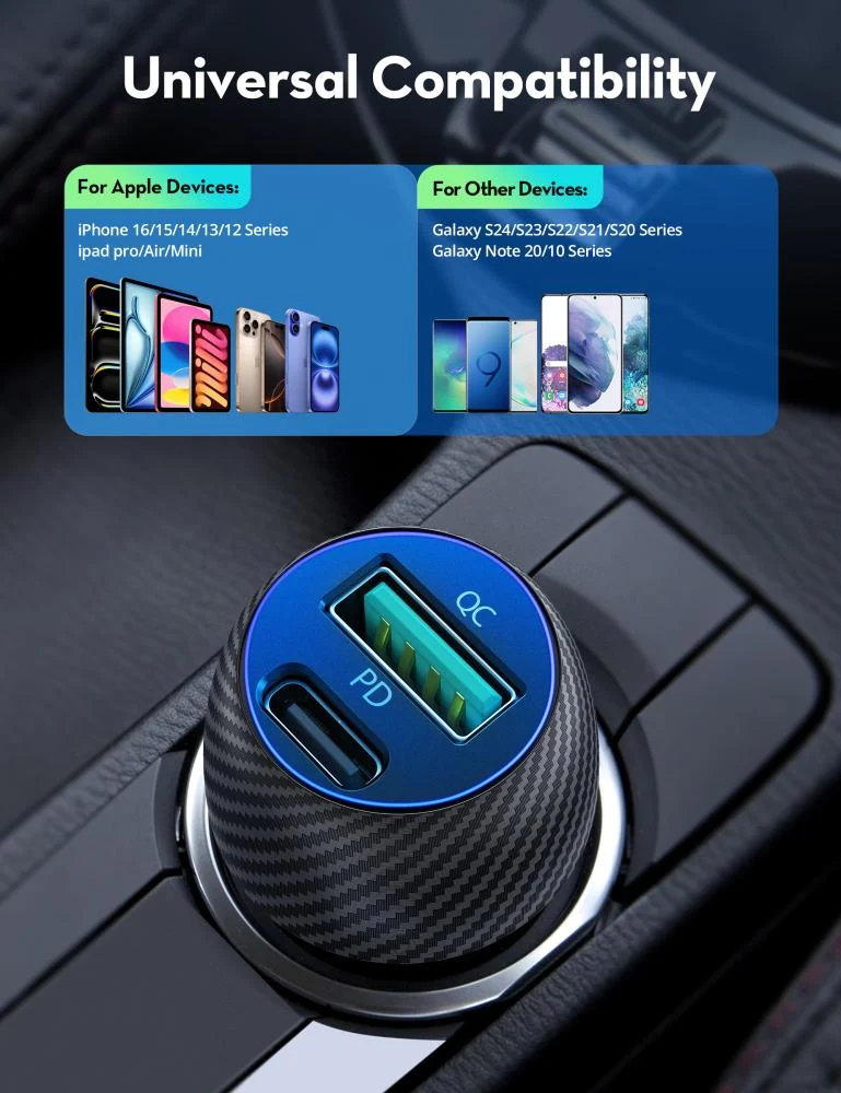 Car charger RAV Power Pioneer with 49-watt power with Type-C port and USB port with Type-C to Type-C cable - black