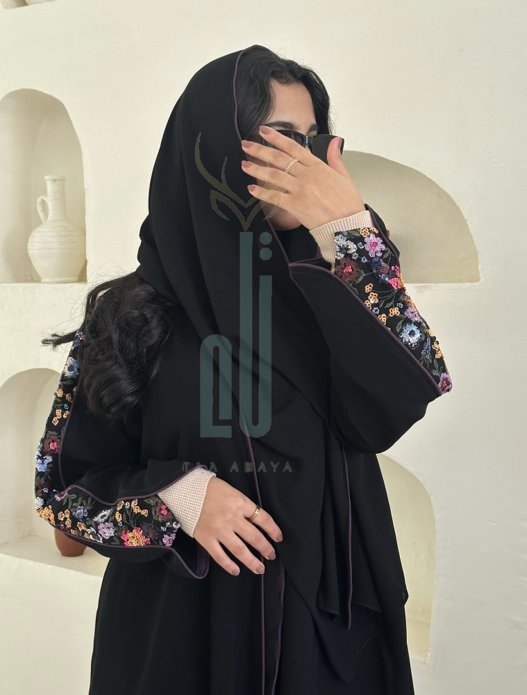 Balqees crepe abaya with sequins, Al Qissa Street