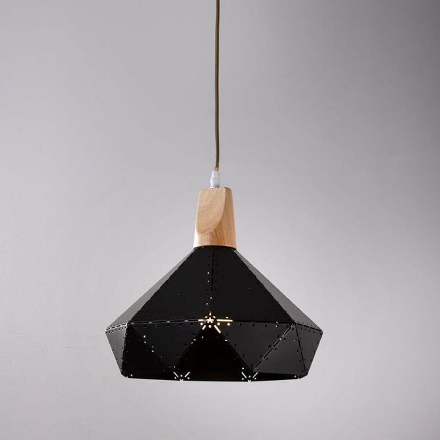 Perforated iron hanger chandelier with wood base
