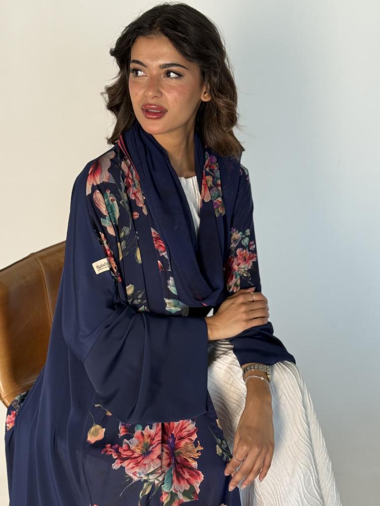 silk abaya with roses, navy blue