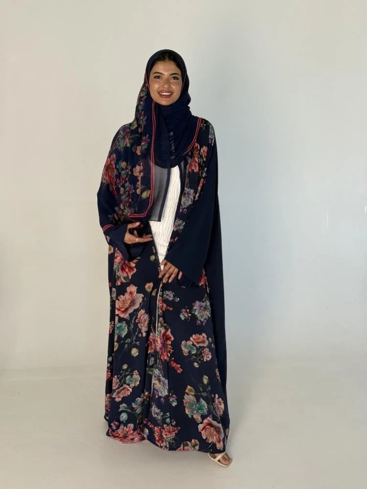silk abaya with roses, navy blue