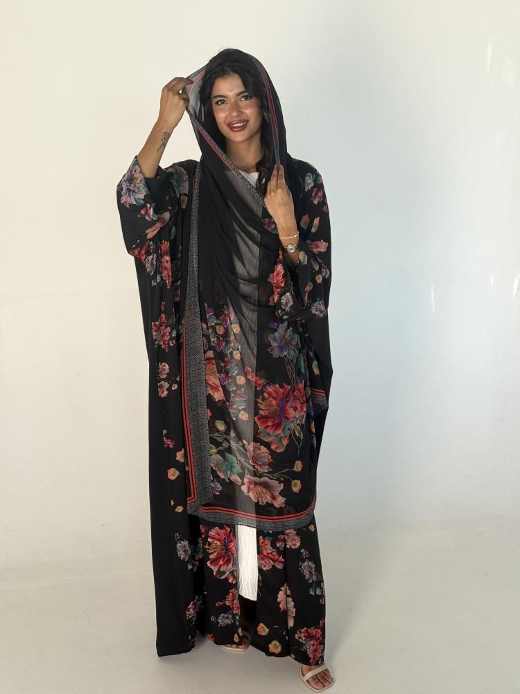 Black silk abaya with roses, 2