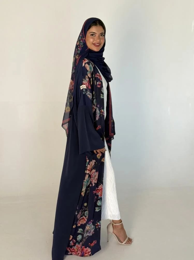 silk abaya with roses, navy blue