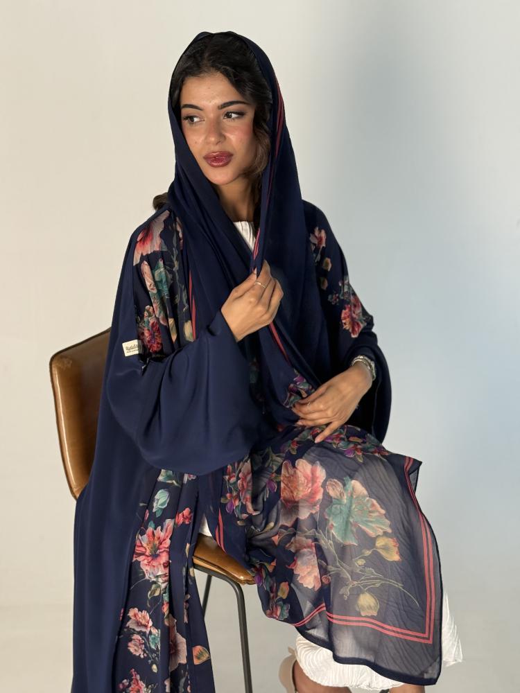 silk abaya with roses, navy blue