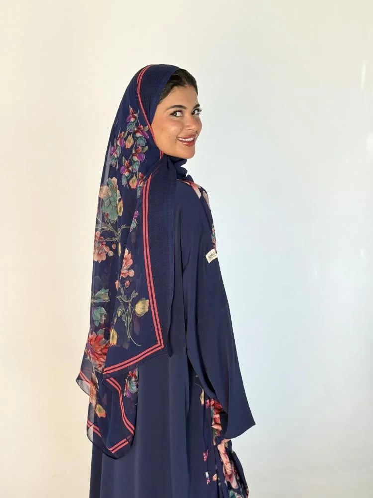 silk abaya with roses, navy blue