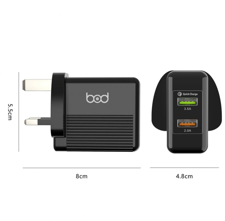 شاحن بيت بود بمنفذين USB اسود 28W ب يدعم تقنية الشحن السري