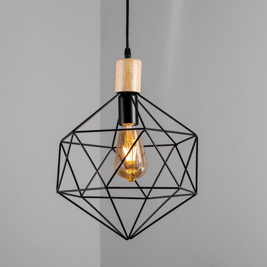 Single hanging chandelier with black circular grille
