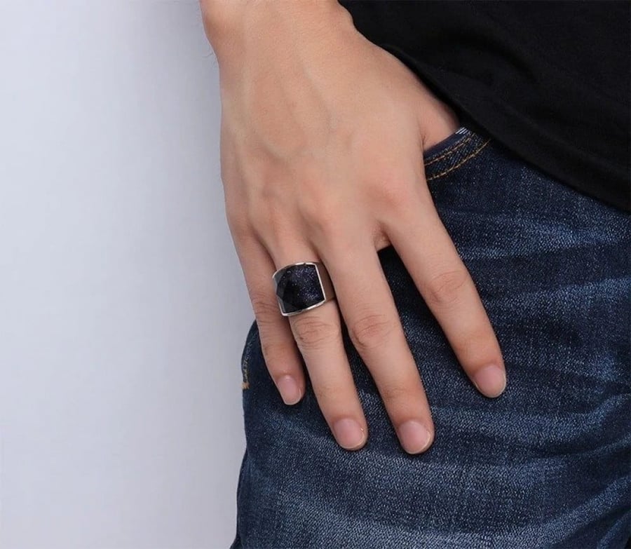 Men's stainless steel ring with zircon stone, navy blue color, sky and stars view