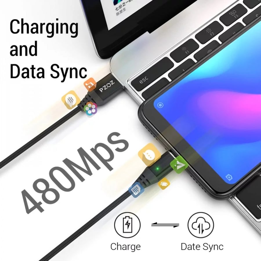 بزوز | سلك شاحن مغناطيسي سريع ضد القطع PZOZ | Magnetic Fast Charging Cable | 3A 1M 2M