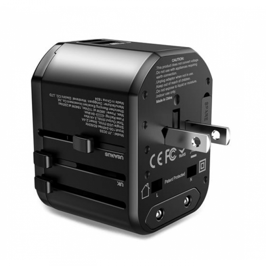 Wall socket suitable for travel supports all electrical outlets in addition to two USB ports for charging two devices at the same time in addition to an electrical outlet