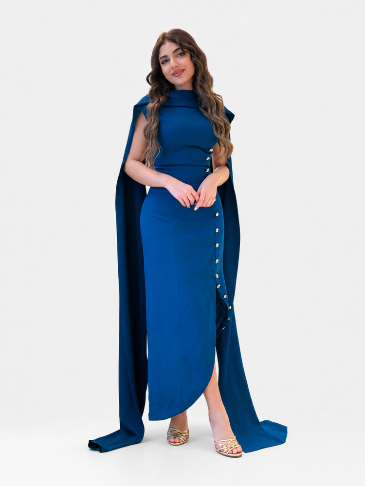 Luxurious blue crepe soft dress with a back sash adorned with copper buttons