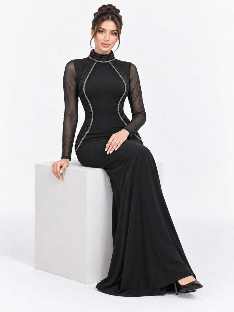 فستان سهرة طويل أسود استرتش