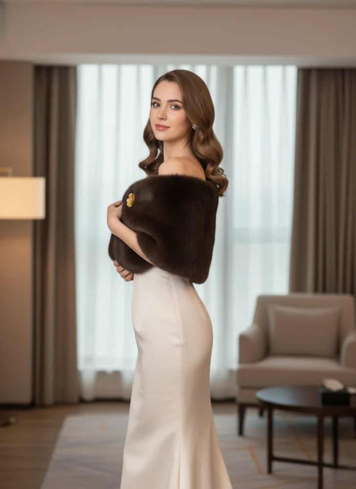 Short brown fur jacket with a luxurious gold brooch