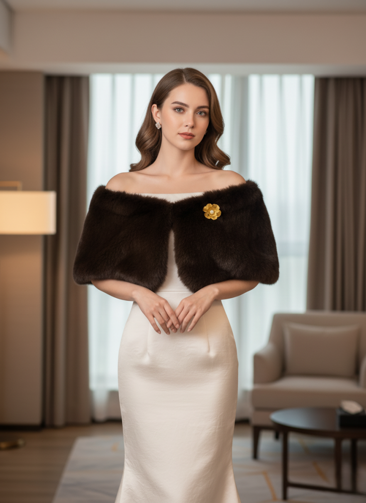 Short brown fur jacket with a luxurious gold brooch