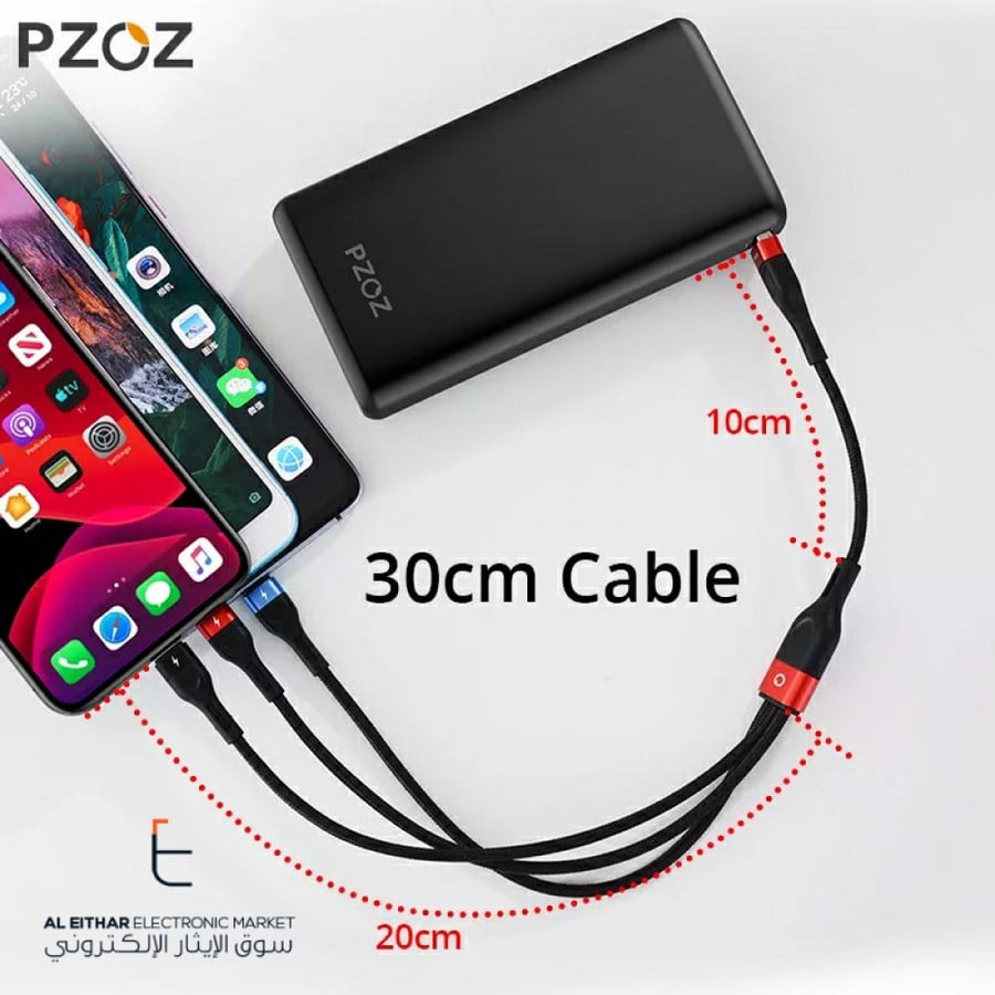 بزوز | سلك شاحن متعدد ثلاثي مايكرو يو اس بي ايفون تايب سي في نفس الوقت PZOZ | Multi-Charging Cable 3A 0.3M 1.2M