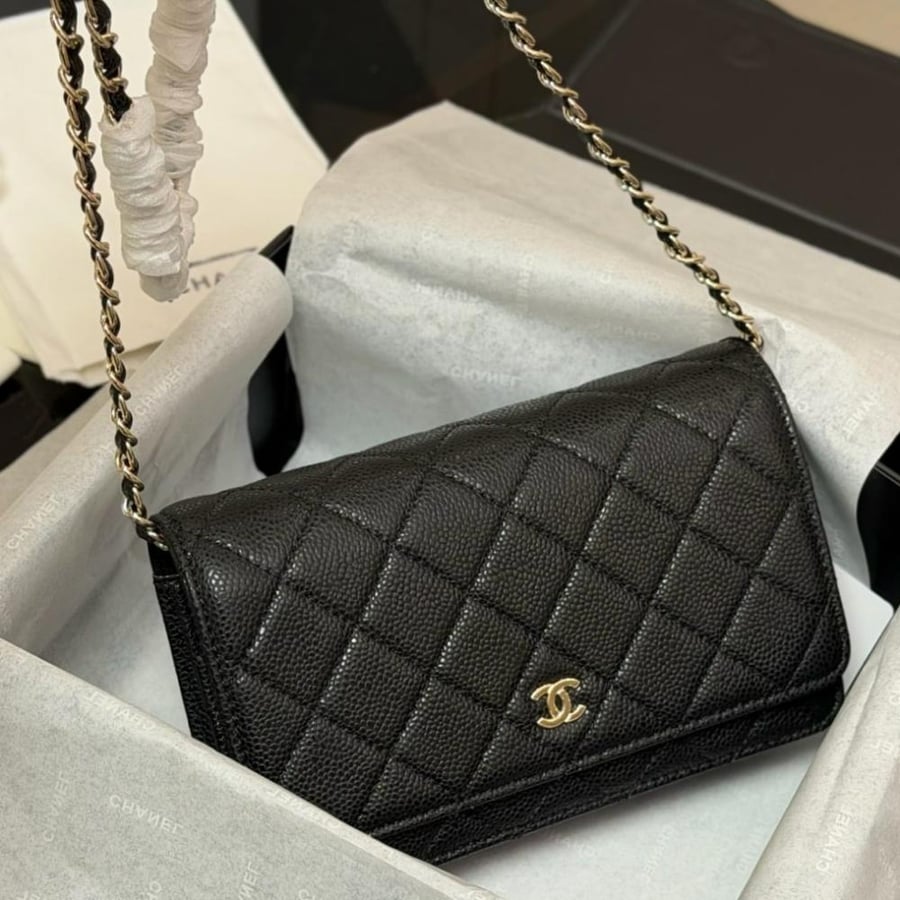 Black  Quilted Wallet on Chain Bag with gold Hardware