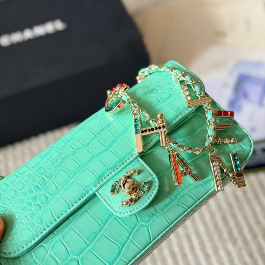 Crocodile Embossed Calfskin, Enamel & Gold-Tone Metal