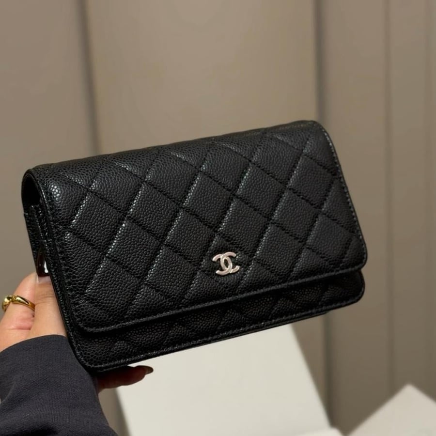 Black  Quilted Wallet on Chain Bag with gold Hardware