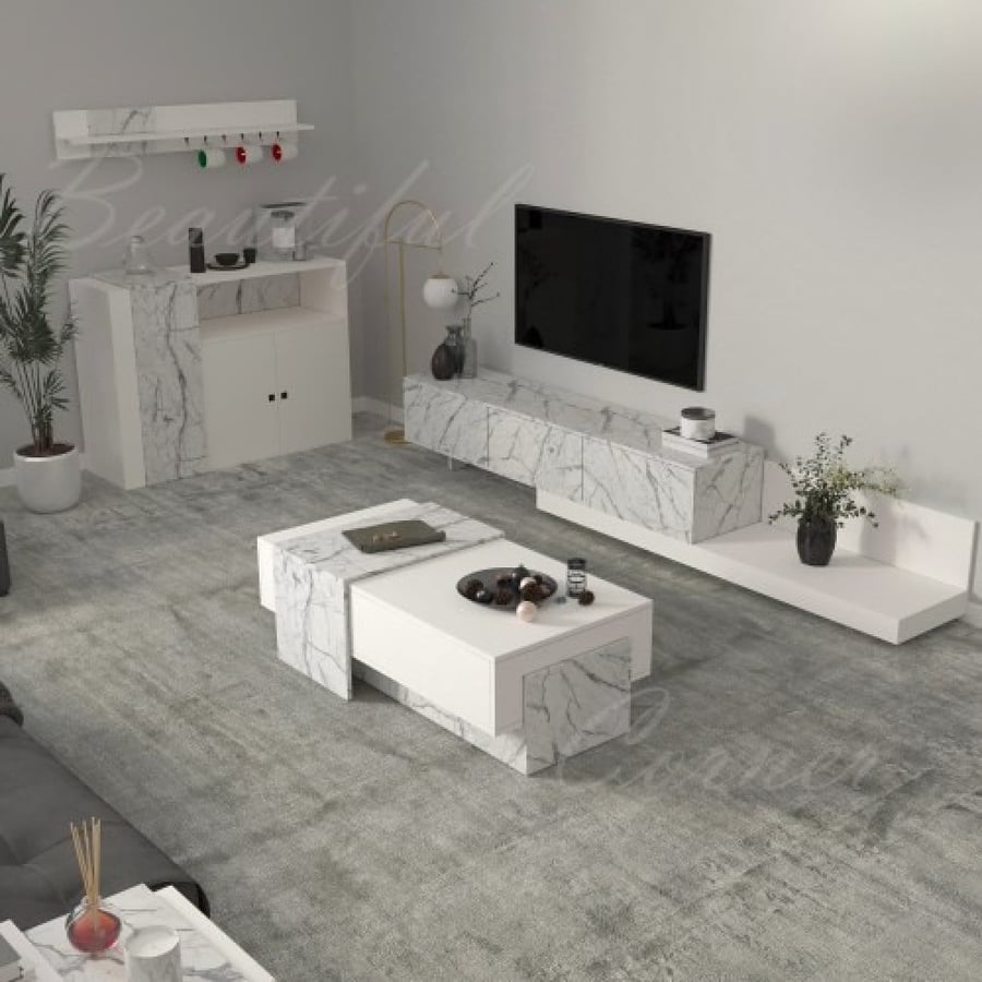 Sozan center table plain white with white marble look