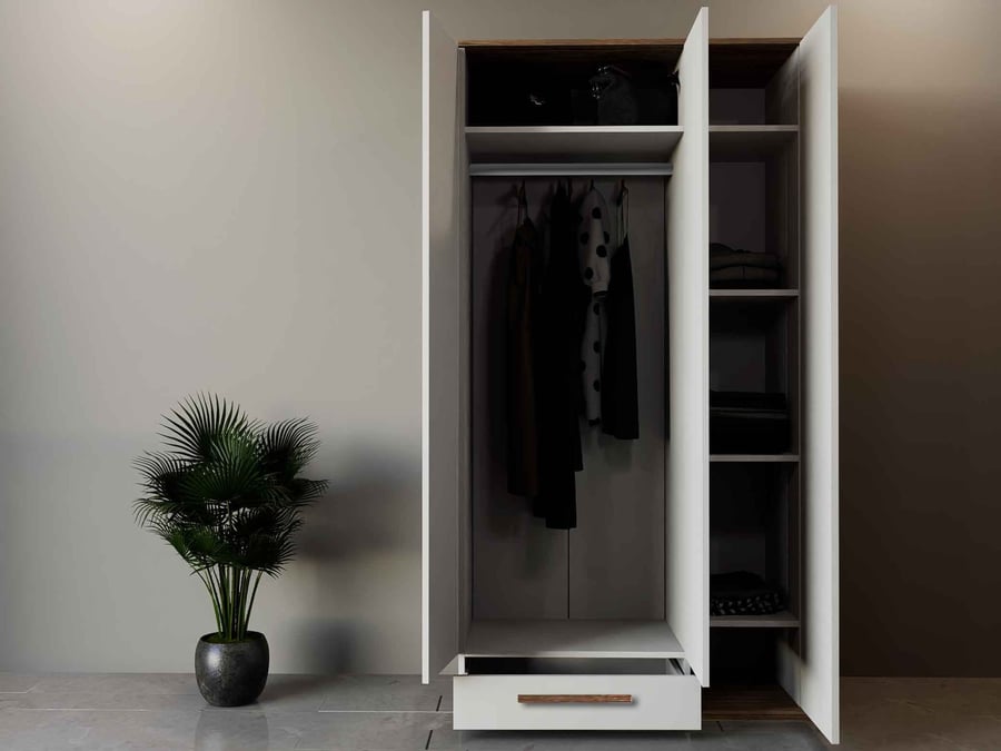 دولاب ملابس ابيض مع خشبي 3 ابواب - موديل DLB03