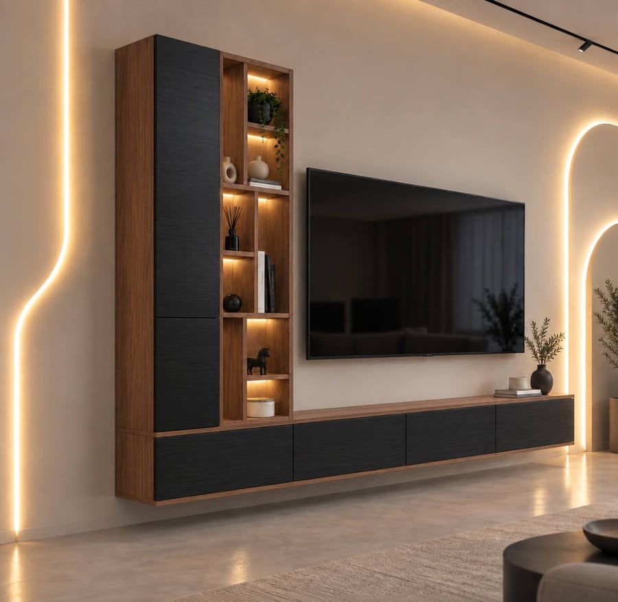 طاولة تلفزيون vict280 بني 2060 مع أبواب سوداء وإضاءة LED
