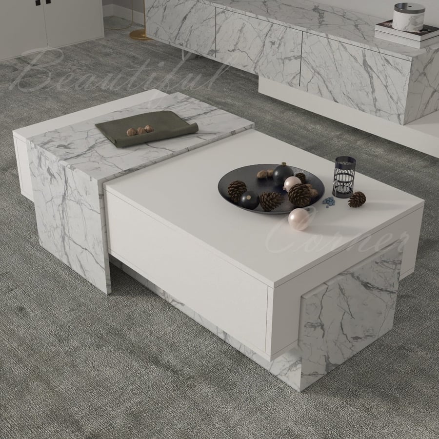Sozan center table plain white with white marble look