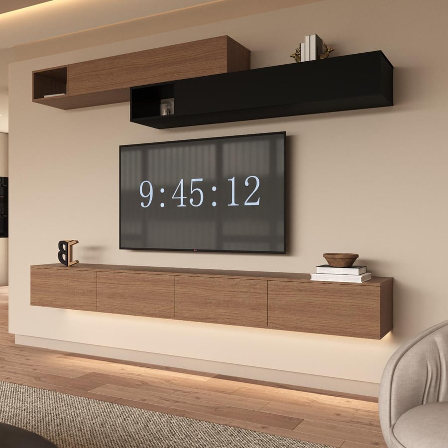 Brown 2060 TV stand with black accents and lighting - NewLusy model