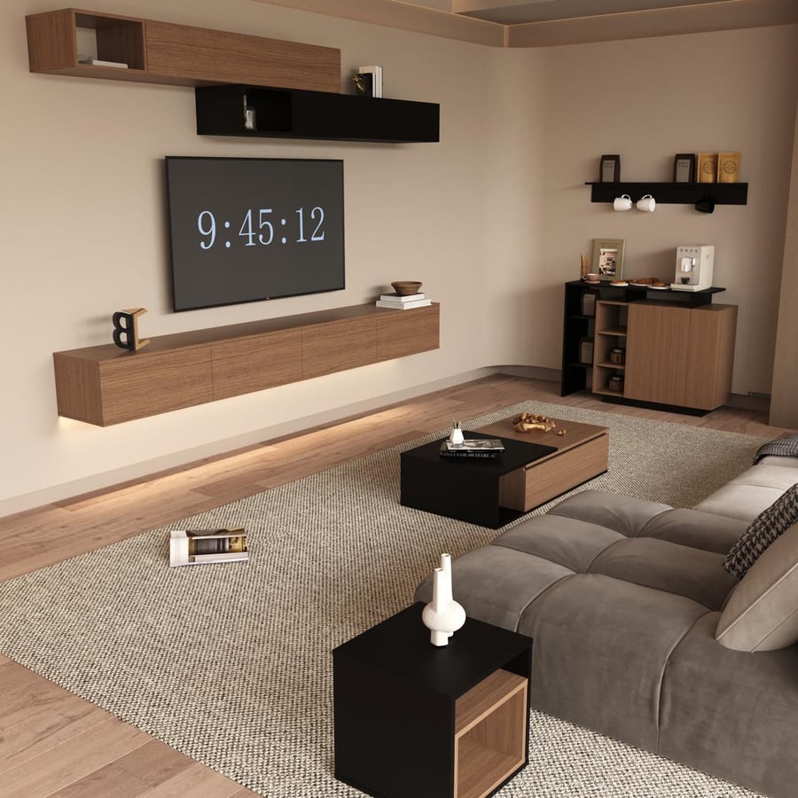 Brown 2060 TV stand with black accents and lighting - NewLusy model