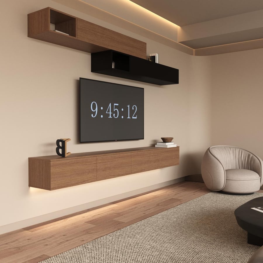 Brown 2060 TV stand with black accents and lighting - NewLusy model