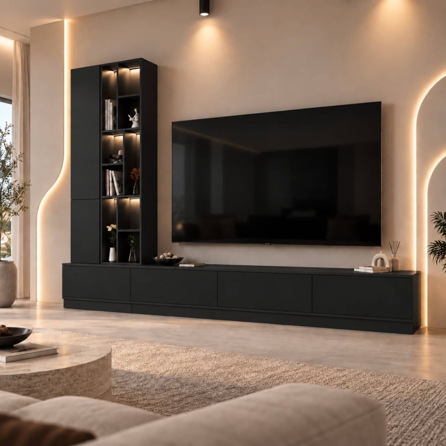 طاولة تلفزيون مودرن سوداء 280 سم مع رف جانبي وإضاءة LED