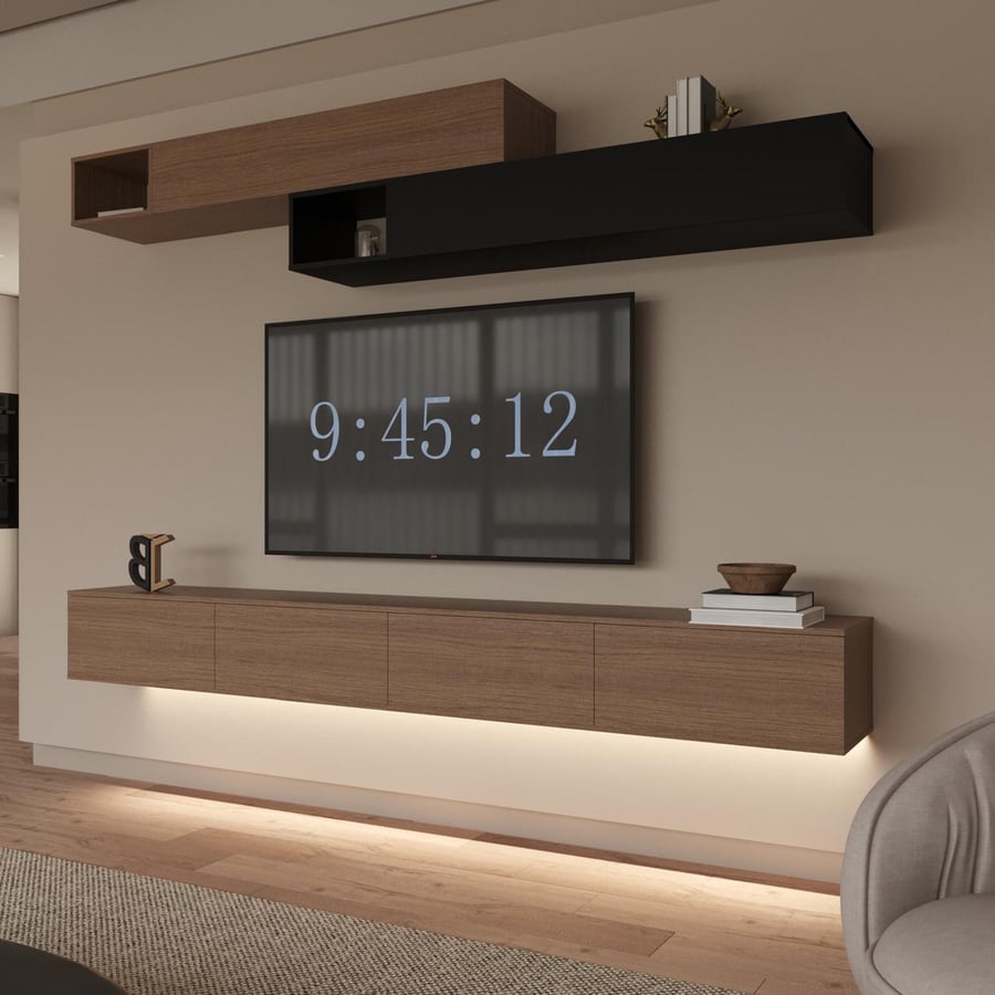 Brown 2060 TV stand with black accents and lighting - NewLusy model