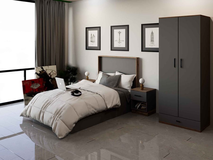 Single bed, dark gray with wood trim - Model BD03