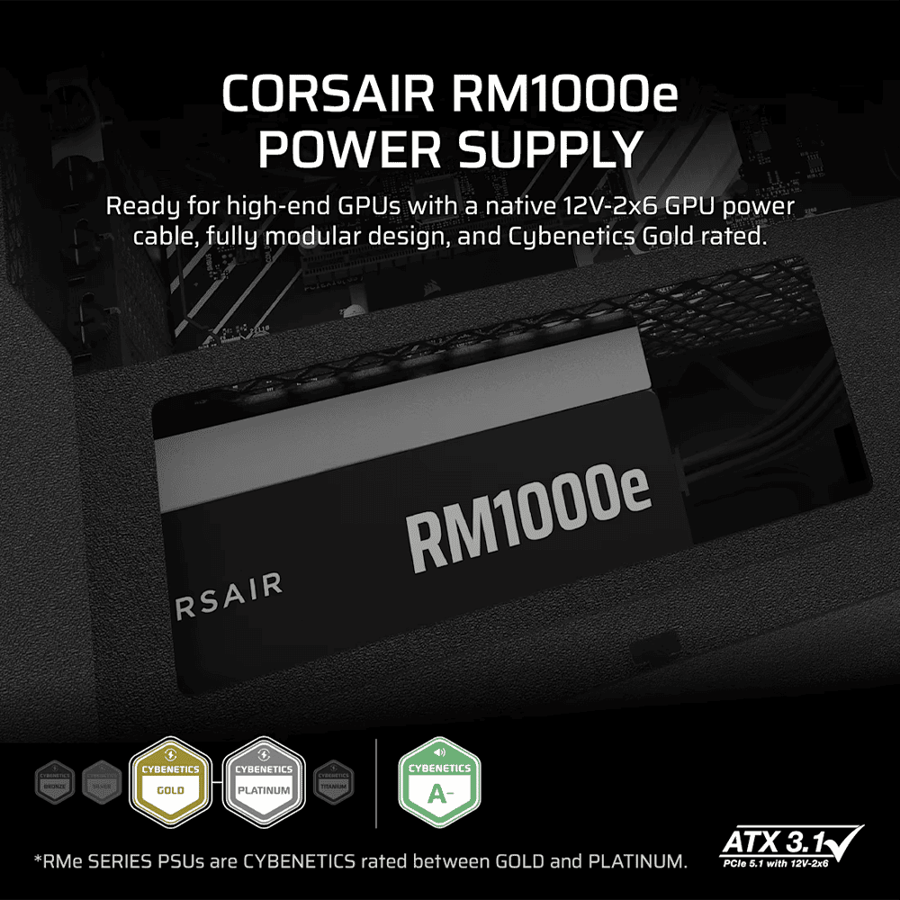كورسير RM1000e 2025 مزود طاقة بكفاءة 80 بلس جولد قابل للتخصيص ATX 3.1