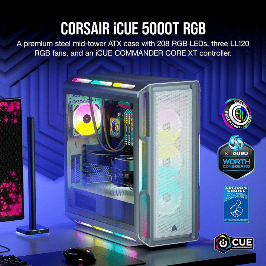 كورسير iCUE 5000T RGB Tempered Glass Mid-Tower ATX PC كيس بي سي ابيض