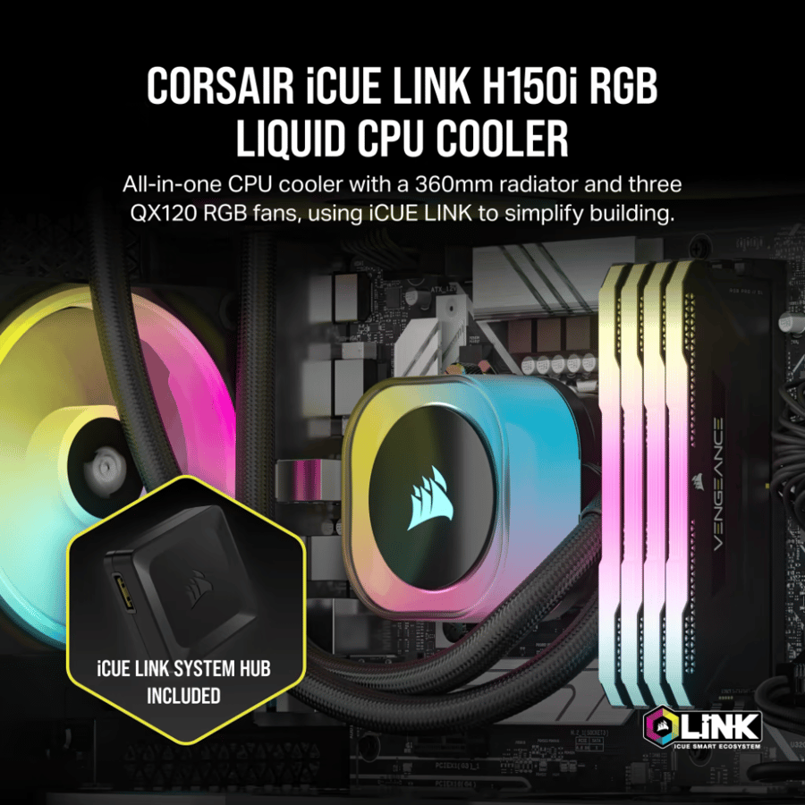 كورسير iCUE LINK H150i RGB AIO مبرد مائي للمعالج 360 مم - أسود