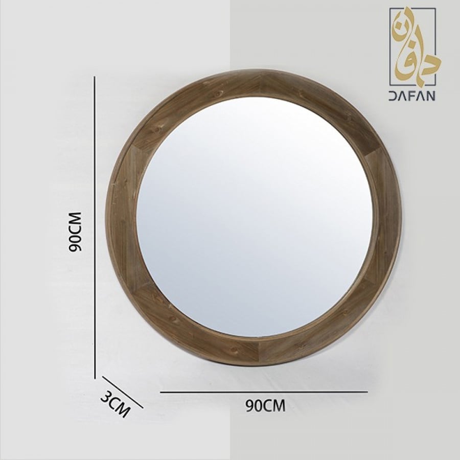 مراة حائط دائرية باطار من الخشب ، لون بنى ، مقاس 90*90 سم