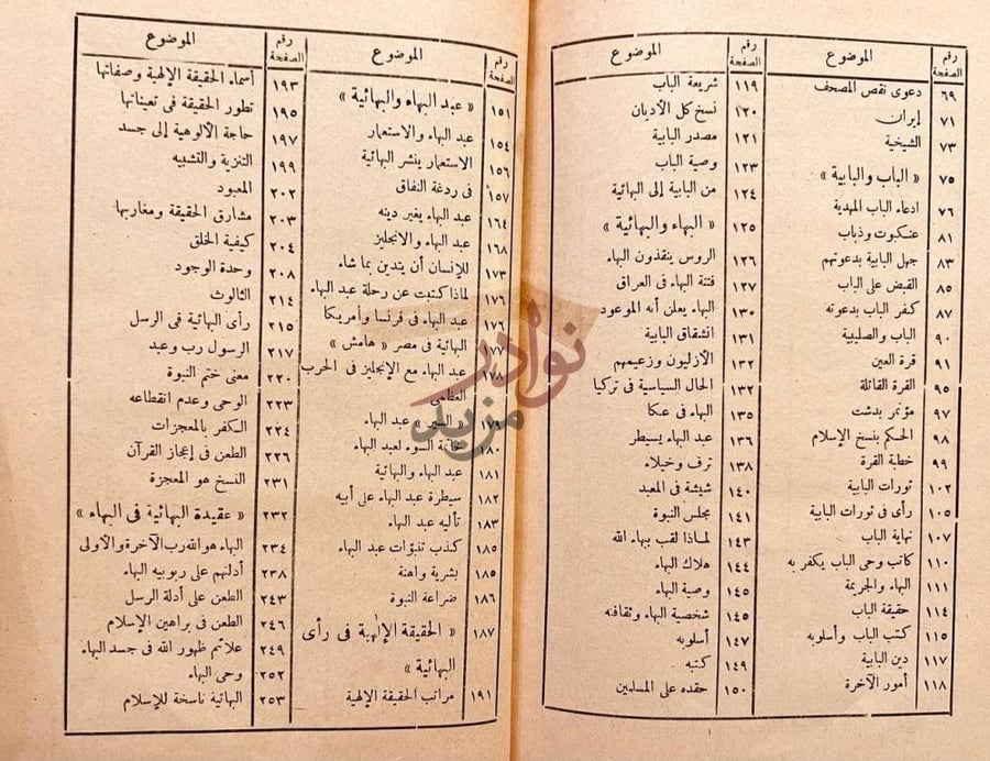 فهرس كتاب البهائية تاريخها وعقيدتها استمرار الفهرس