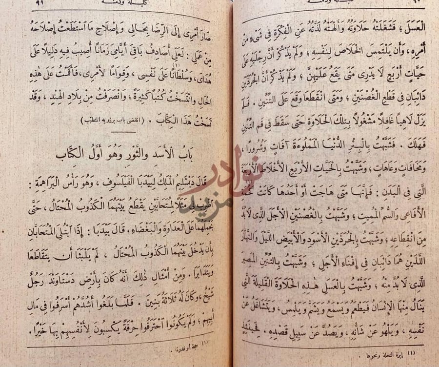 صفحة داخلية كتاب كليلة ودمنه باب الأسد والثور وهو