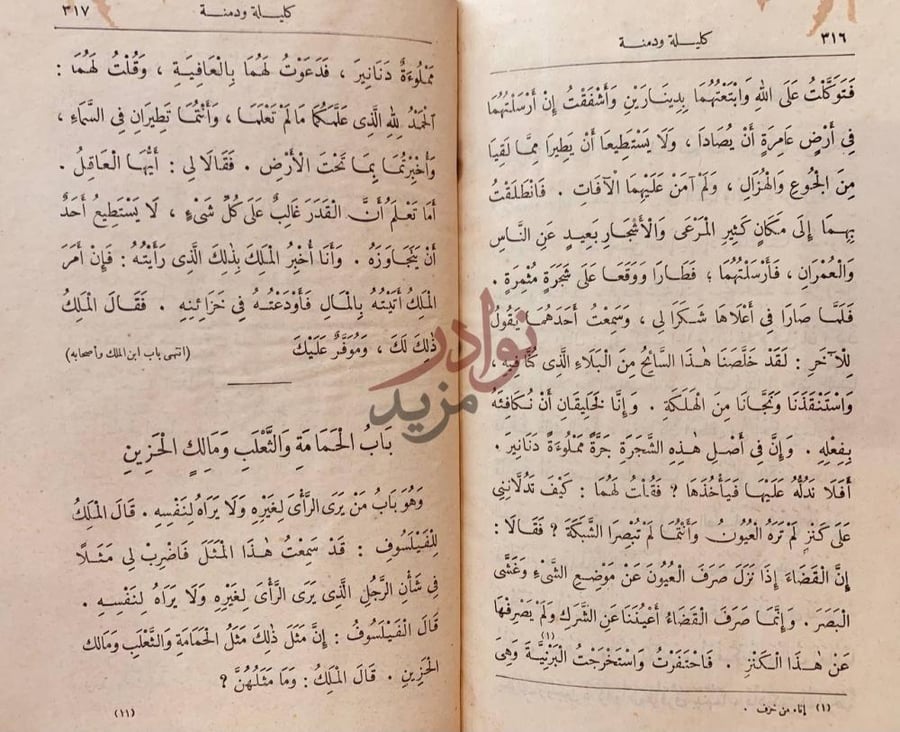 صفحة داخلية كتاب كليلة ودمنه باب الحمامة والثعلب