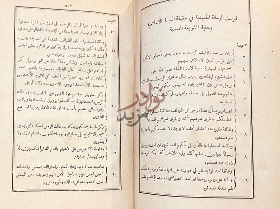 فهرس كتاب الرسالة الحميدية في حقيقة الديانة الاسلامية وحقيقة