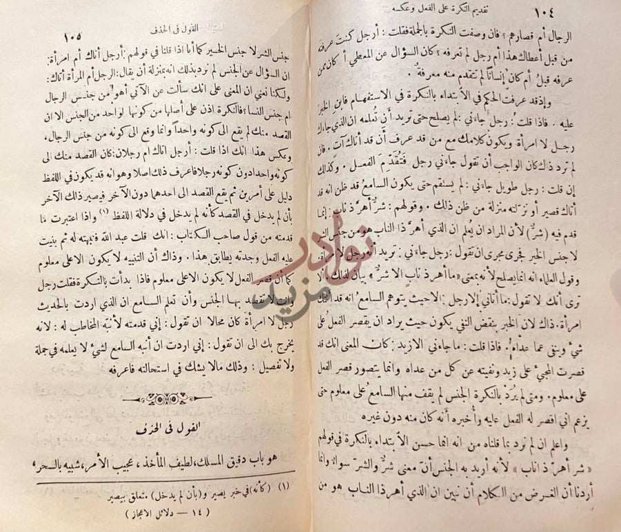 صفحة داخلية كتاب دلائل الاعجاز تقديم النكرة