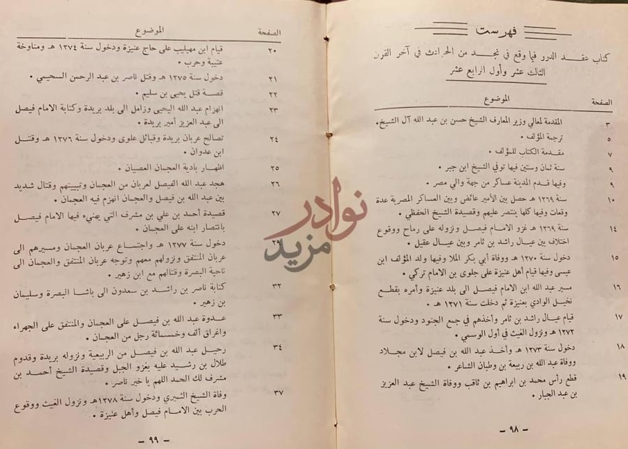 فهرس كتاب عقد الدرر فيما وقع في نجد من الحوادث في اخر القرن