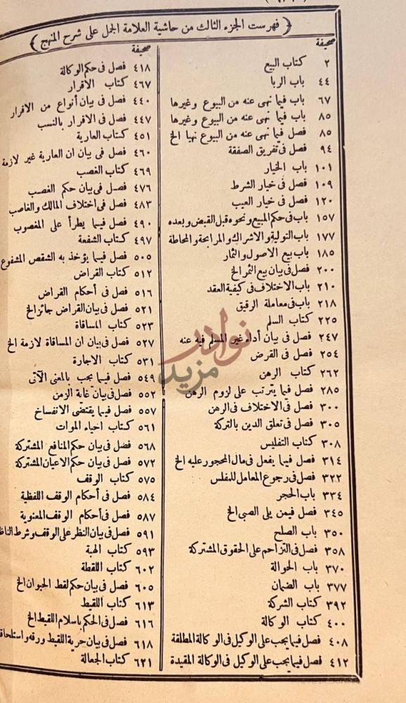 فهرس كتاب حاشية الجمل على شرح المنهج فهرست الجزء الثالث